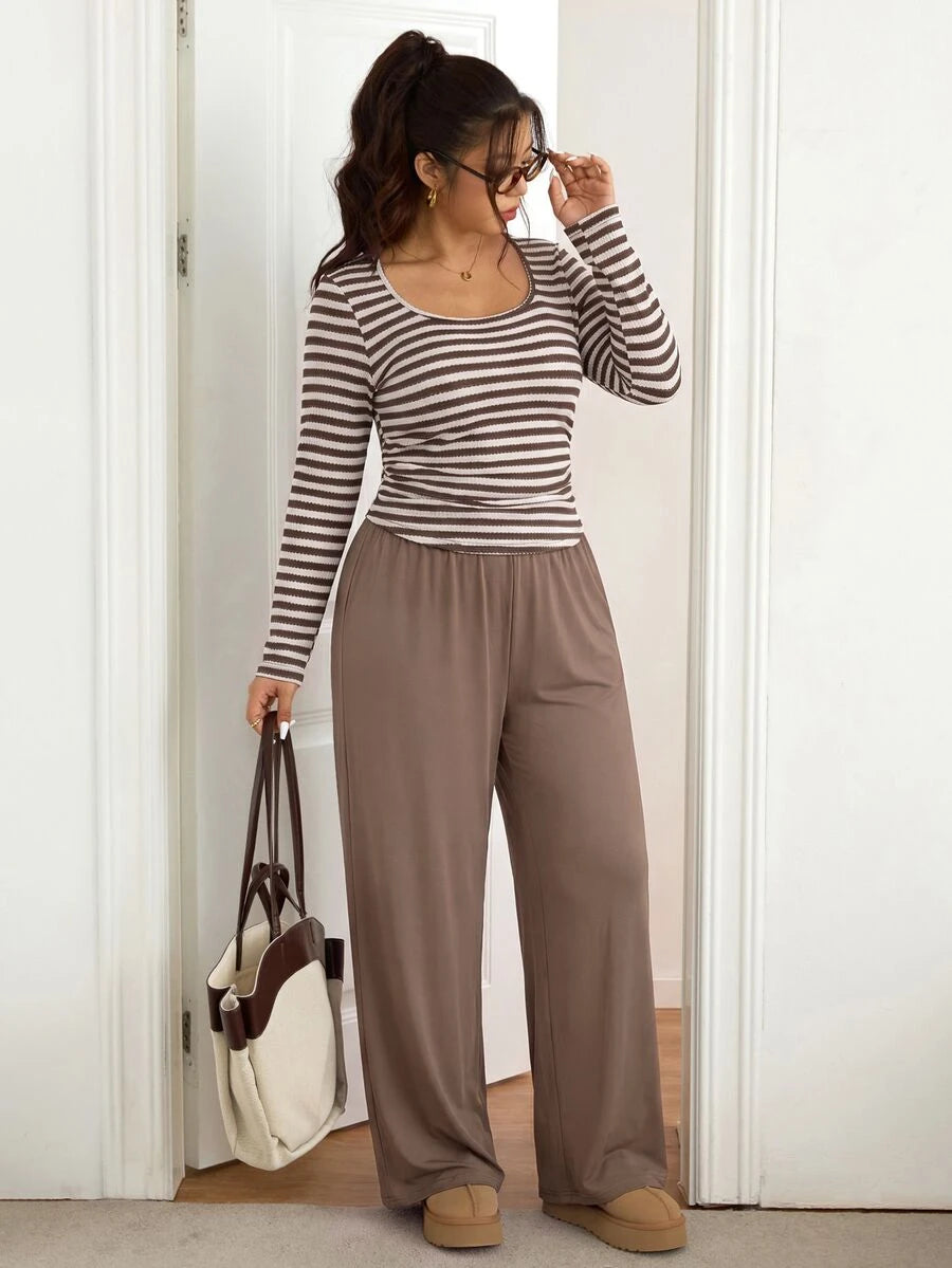 Lounesse Plus Size Women Solid Color Square Neck Long Sleeve T-Shirt And Pants Casual 2 Pieces Set Casual Daily Going Out 2 Pieces Sets Casual School Outfit Set