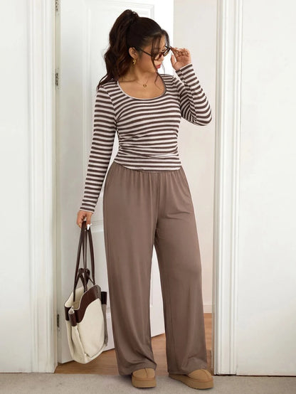 Lounesse Plus Size Women Solid Color Square Neck Long Sleeve T-Shirt And Pants Casual 2 Pieces Set Casual Daily Going Out 2 Pieces Sets Casual School Outfit Set