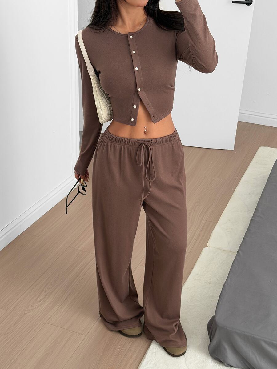 SHEIN EZwear Women's Solid Black Knit Casual Long Sleeve Top And Pants Homewear Set Woman 2 Pieces Outfits 2 Pieces Casual Sets Woman