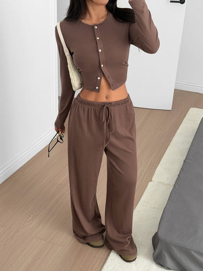 SHEIN EZwear Women's Solid Black Knit Casual Long Sleeve Top And Pants Homewear Set Woman 2 Pieces Outfits 2 Pieces Casual Sets Woman