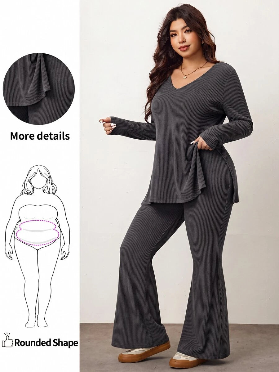 Enliva Plus Size Casual Home Wear 2 Pieces Set: Minimalist Off-Shoulder Ribbed Design, Suitable For Autumn/Winter, Flattering For Curvy Figures Fall