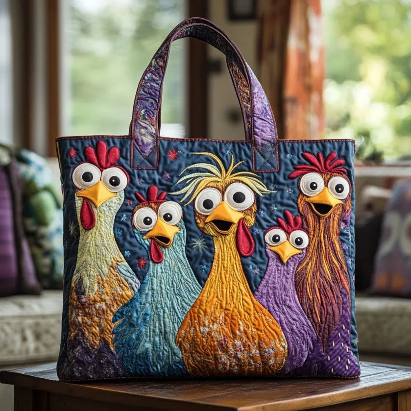 Quilted tote with five appliqué cartoon chickens with big googly eyes, standing on a wooden table in a bright living room. 1