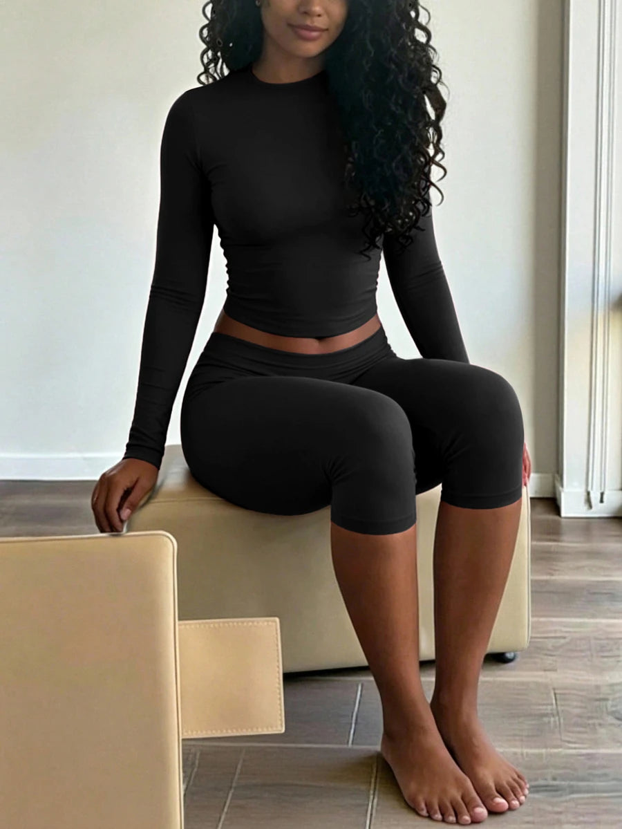 INAWLY Solva Women's Solid Color Crew Neck Long Sleeve T-Shirt And Leggings 2-Piece Set
