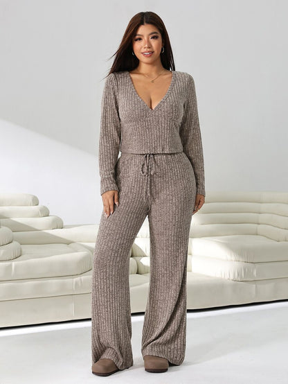 GalTyme Plus Size Contrast Color Long Sleeve Top & Pants 2 Pieces Set,Cerise Pink,Autumn,Smart Casual,Everyday,Chic Elegant Y2k Party Christmas Vacation Fall