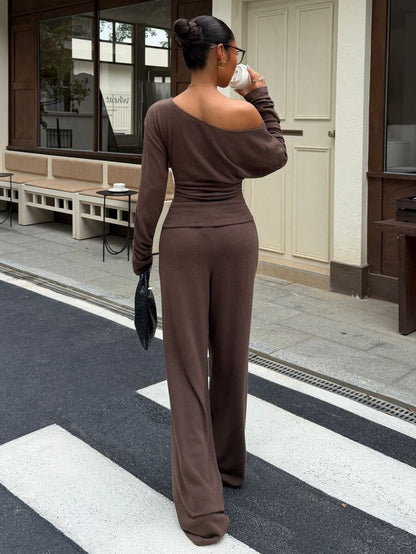 Muchica Women's New Autumn Brown Casual Knitted Textured Asymmetric Shoulder Long Sleeve T-Shirt And Pants Set For Going Out, Streetwear