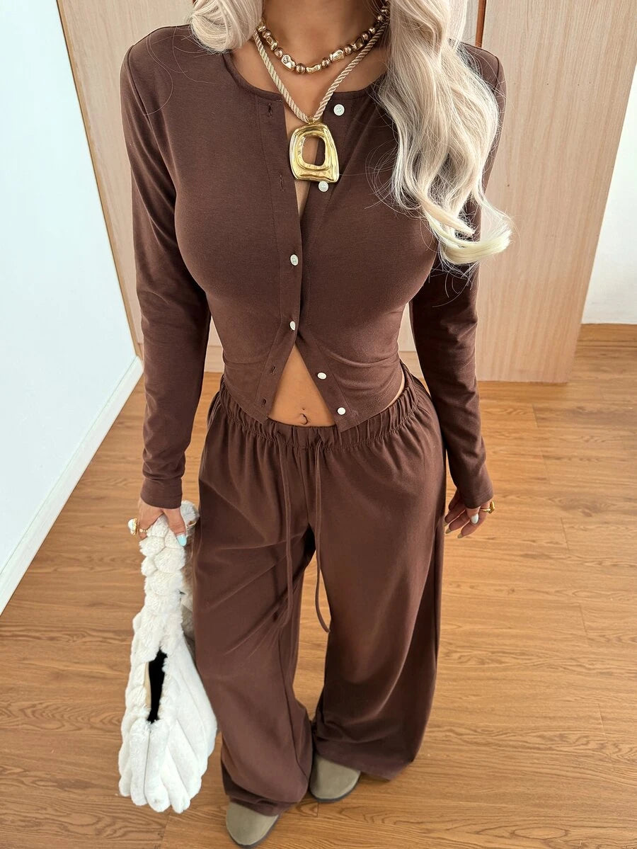 SHEIN EZwear Women's Solid Black Knit Casual Long Sleeve Top And Pants Homewear Set Woman 2 Pieces Outfits 2 Pieces Casual Sets Woman
