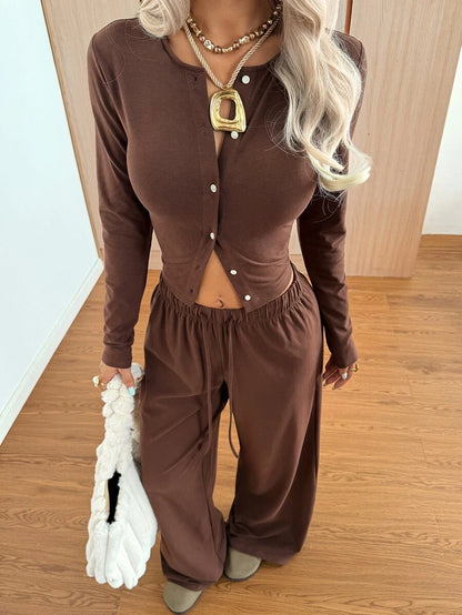 SHEIN EZwear Women's Solid Black Knit Casual Long Sleeve Top And Pants Homewear Set Woman 2 Pieces Outfits 2 Pieces Casual Sets Woman