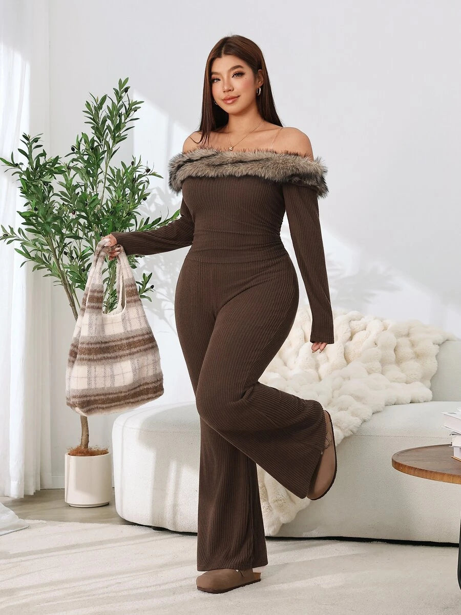 SHEIN EZwear Plus Size Woman Off Shoulder Ribbed 2 Pieces Set,Winter Long Sleeve Pants Sets,Christmas Lounge Set,Burgundy,Autumn,Smart Casual,Everyday Comfortable