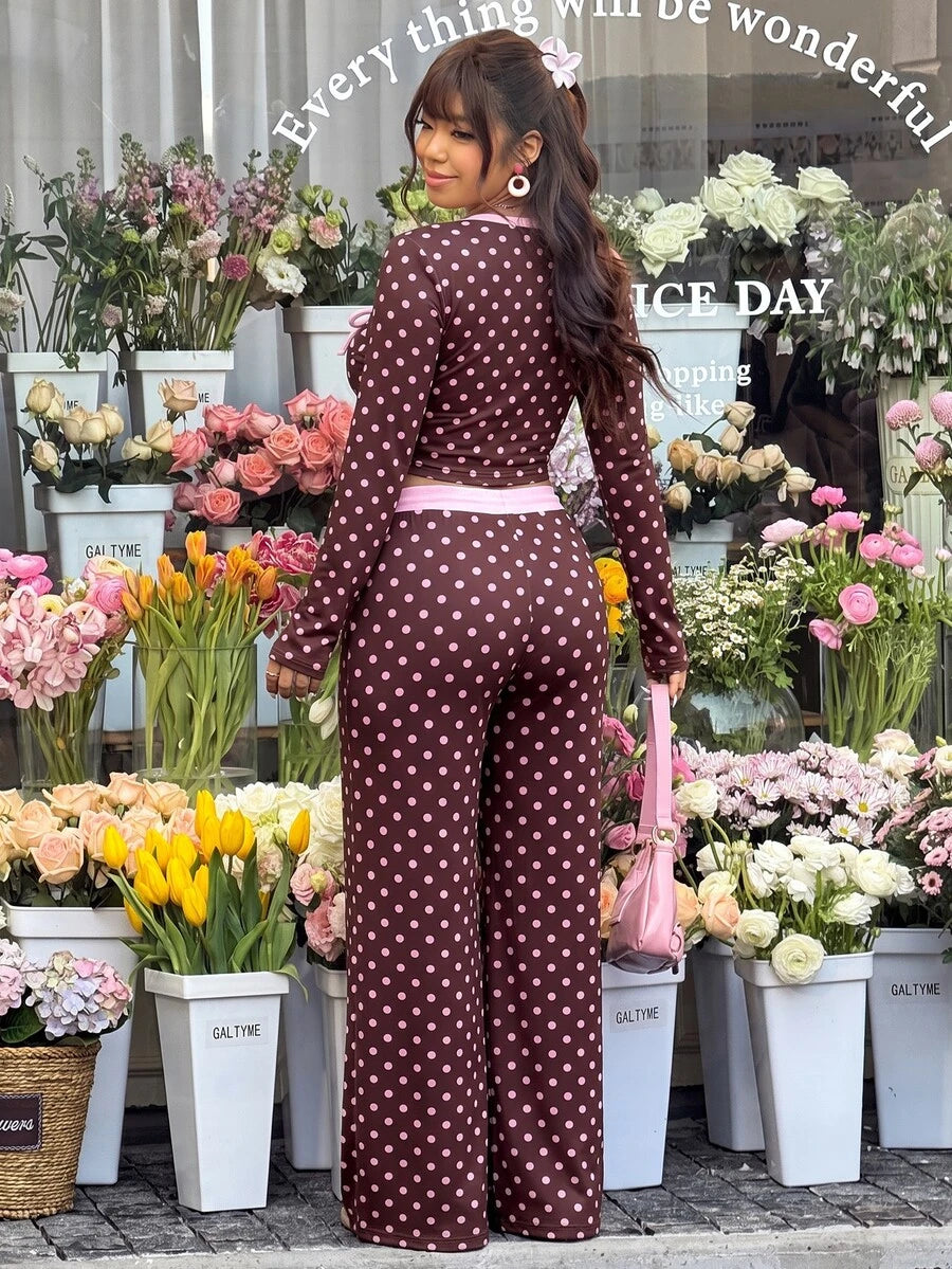 GalTyme Plus Size Contrast Color Long Sleeve Top & Pants 2 Pieces Set,Cerise Pink,Autumn,Smart Casual,Everyday,Chic Elegant Y2k Party Christmas Vacation Fall