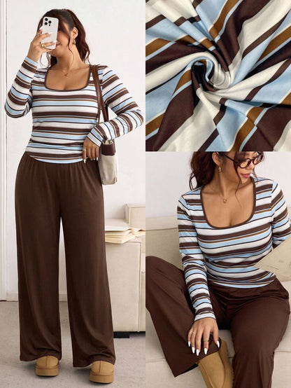 SHEIN Frenchy Plus Size Women Square Neck Black Long Sleeve T-Shirt And Wide Leg Pants Casual 2 Piece Set Formal Office Holiday Holiday Autumn Fall