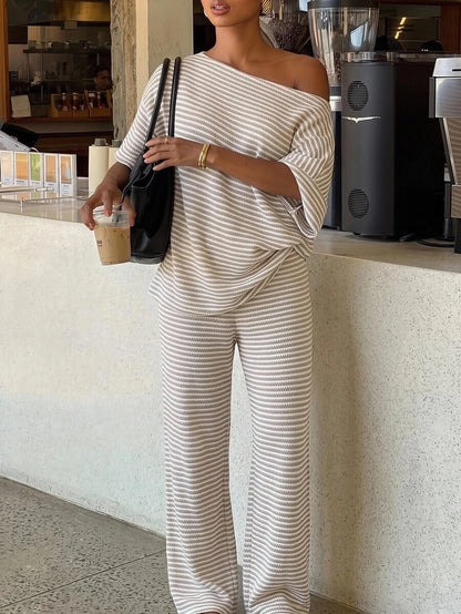Siren Gaze Women's Fall White Casual Striped Asymmetric Collar T-Shirt Pants 2 Pieces Set Back To School Going Out Y2k Basic Streetwear Gym Halloween Sports Gym