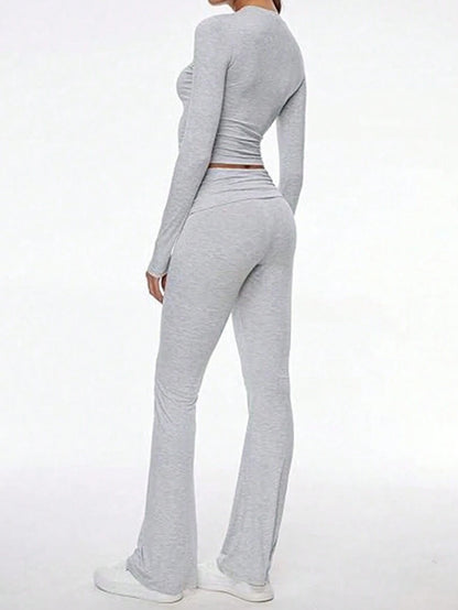 NOIRLYN Women's Autumn/Winter Y2K Casual 2 Pieces Set Sexy Solid Color V-Neck Long Sleeve T-Shirt + High Waist Slim Fit Flare Pants Elegant
