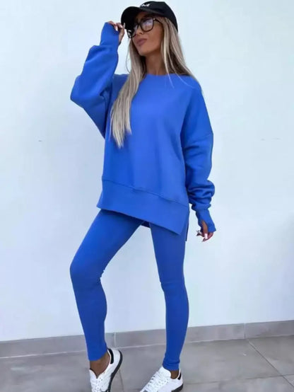 SHEIN LUNE Women's Solid Color Round Neck Drop Shoulder Long Sleeve Cardigan, Versatile 2 Pieces Set
