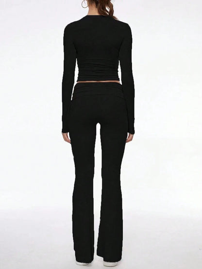 NOIRLYN Women's Autumn/Winter Y2K Casual 2 Pieces Set Sexy Solid Color V-Neck Long Sleeve T-Shirt + High Waist Slim Fit Flare Pants Elegant