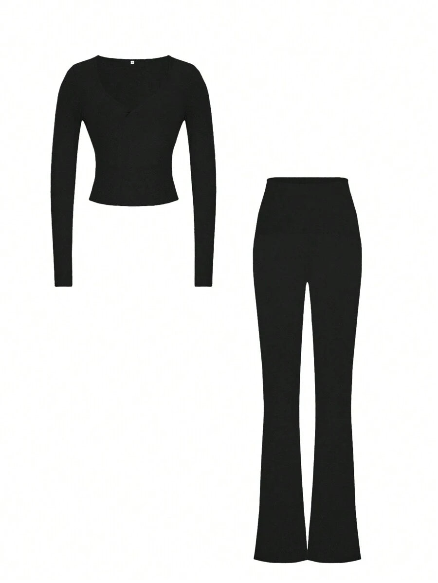 NOIRLYN Women's Autumn/Winter Y2K Casual 2 Pieces Set Sexy Solid Color V-Neck Long Sleeve T-Shirt + High Waist Slim Fit Flare Pants Elegant