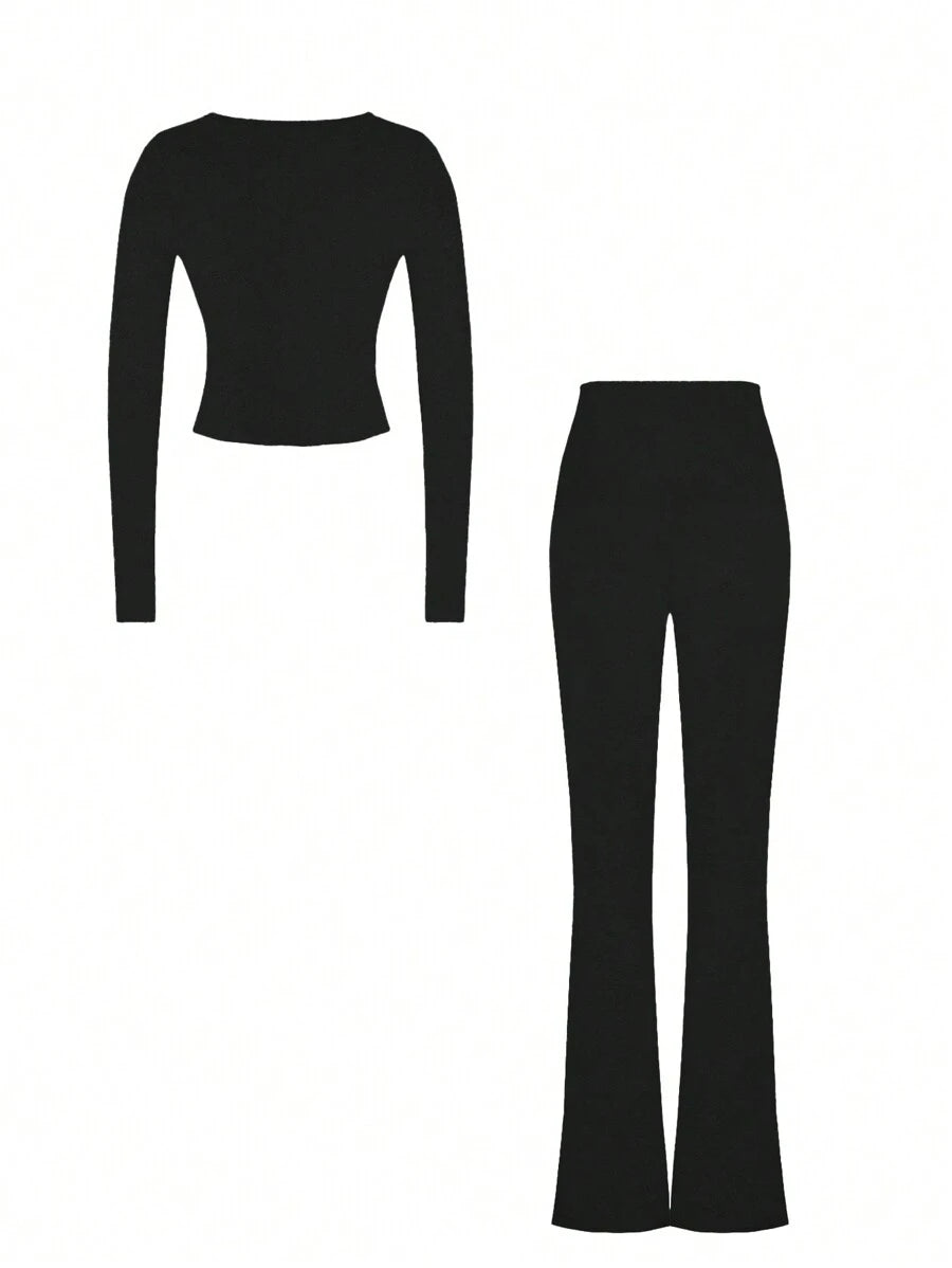NOIRLYN Women's Autumn/Winter Y2K Casual 2 Pieces Set Sexy Solid Color V-Neck Long Sleeve T-Shirt + High Waist Slim Fit Flare Pants Elegant