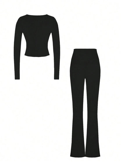 NOIRLYN Women's Autumn/Winter Y2K Casual 2 Pieces Set Sexy Solid Color V-Neck Long Sleeve T-Shirt + High Waist Slim Fit Flare Pants Elegant