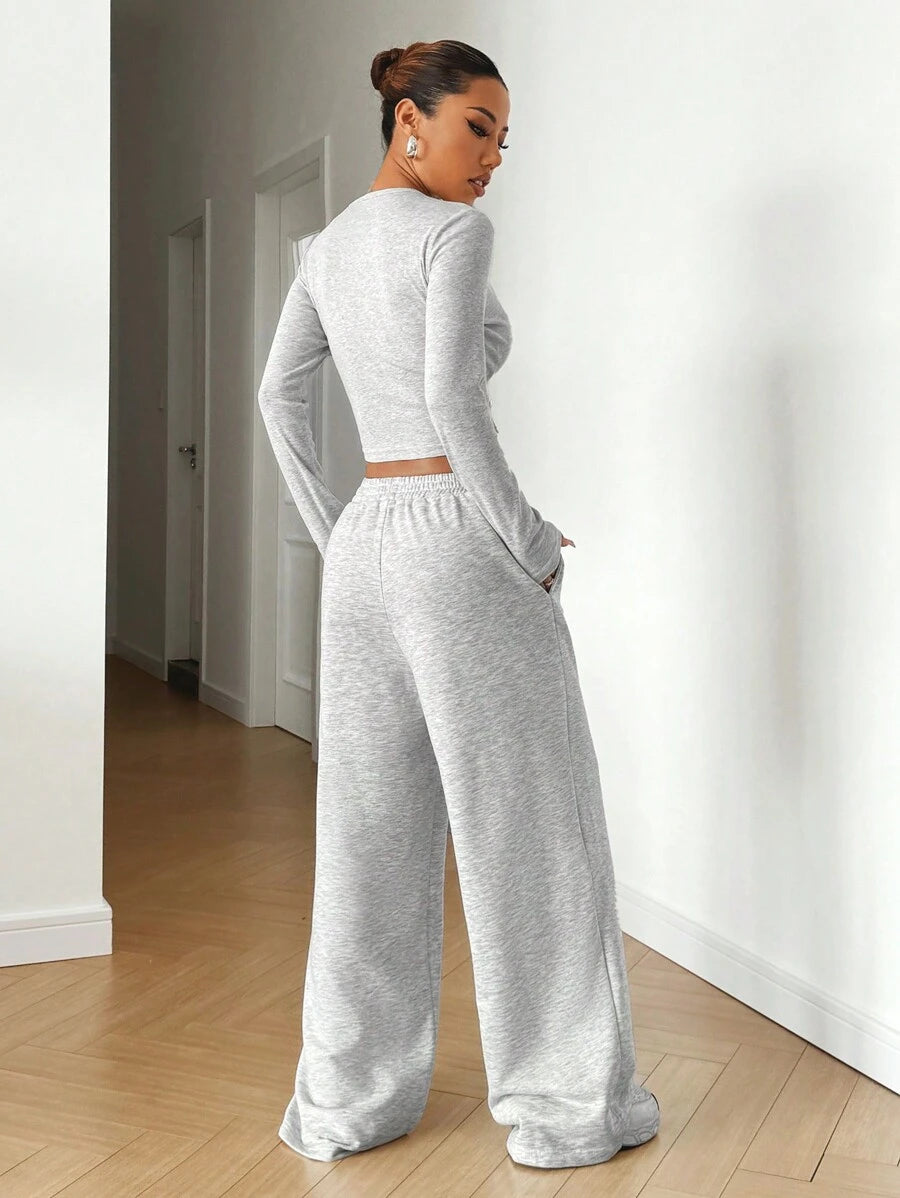 SHEIN EZwear Beige Knitted Women's Crew Neck Long Sleeve T-Shirt And Pants Set Lounge Travel Autumn Casual