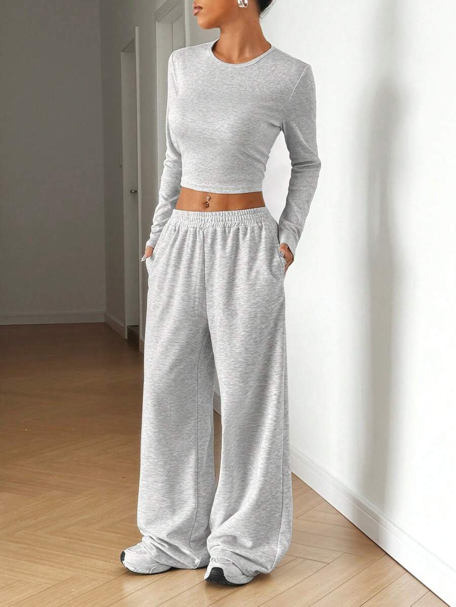 SHEIN EZwear Beige Knitted Women's Crew Neck Long Sleeve T-Shirt And Pants Set Lounge Travel Autumn Casual