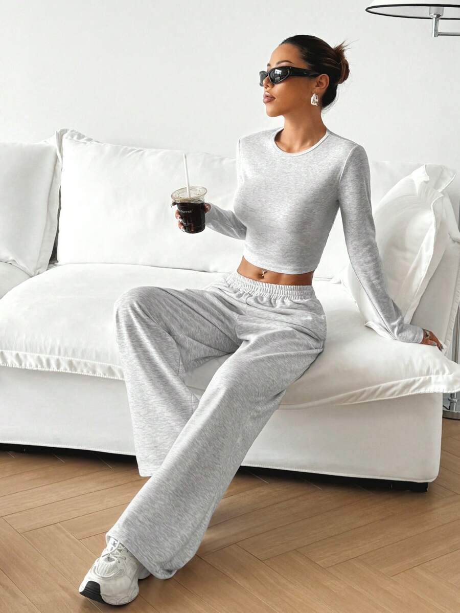 SHEIN EZwear Beige Knitted Women's Crew Neck Long Sleeve T-Shirt And Pants Set Lounge Travel Autumn Casual