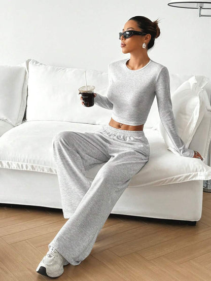 SHEIN EZwear Beige Knitted Women's Crew Neck Long Sleeve T-Shirt And Pants Set Lounge Travel Autumn Casual