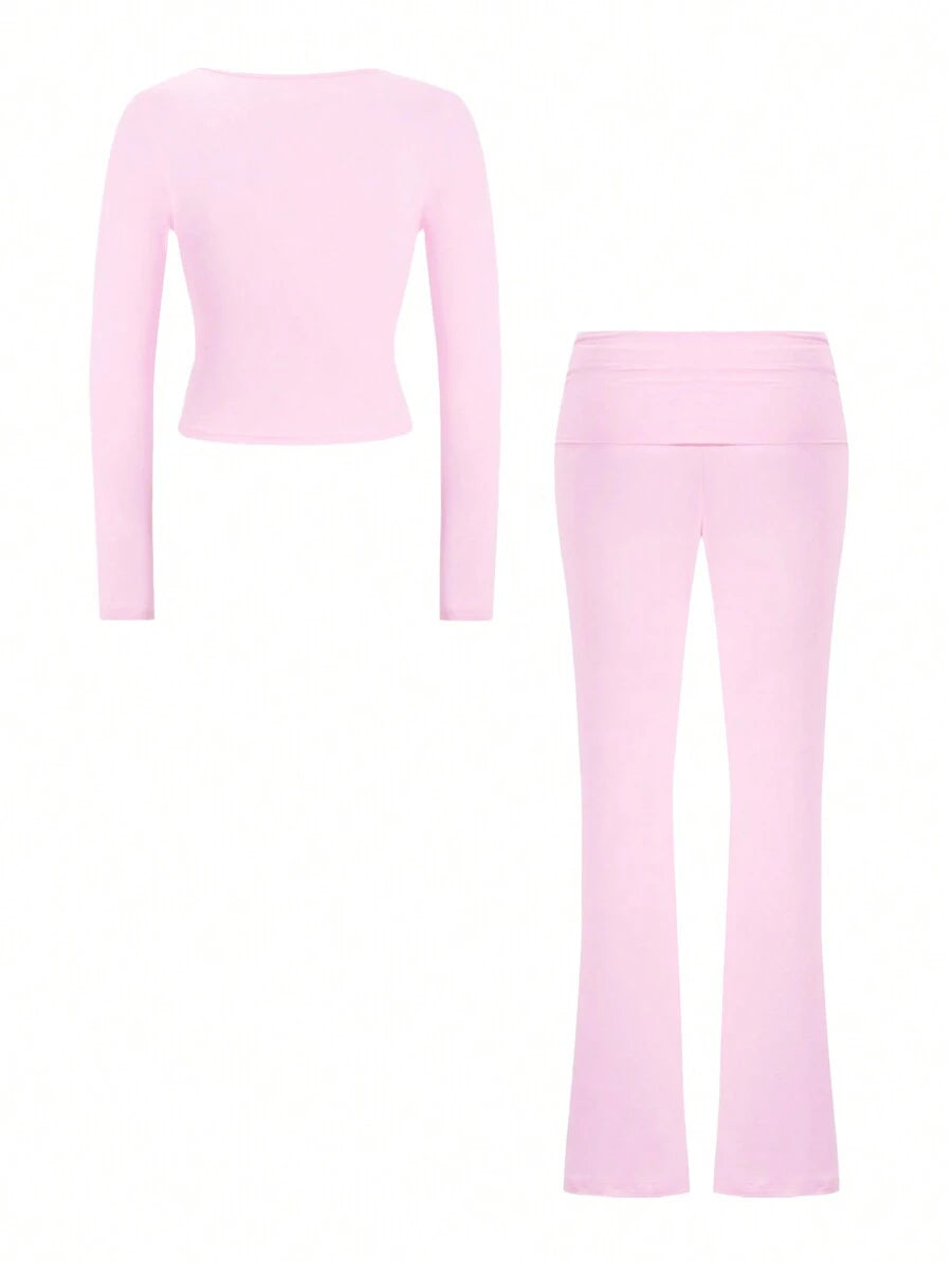 NOIRLYN Women's Autumn/Winter Y2K Casual 2 Pieces Set Sexy Solid Color V-Neck Long Sleeve T-Shirt + High Waist Slim Fit Flare Pants Elegant
