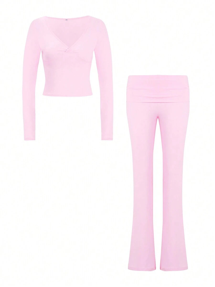 NOIRLYN Women's Autumn/Winter Y2K Casual 2 Pieces Set Sexy Solid Color V-Neck Long Sleeve T-Shirt + High Waist Slim Fit Flare Pants Elegant