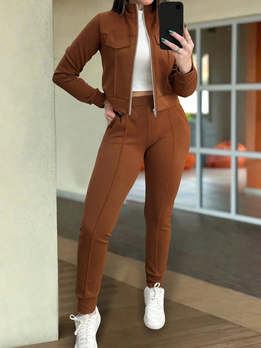 2pcs Women Set In Spring/Autumn/Winter, Minimal Solid Color Versatile Zip Up Short Jacket Tops With Elastic Waist Pocket Skinny Pants Casual Elegant