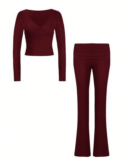 NOIRLYN Women's Autumn/Winter Y2K Casual 2 Pieces Set Sexy Solid Color V-Neck Long Sleeve T-Shirt + High Waist Slim Fit Flare Pants Elegant