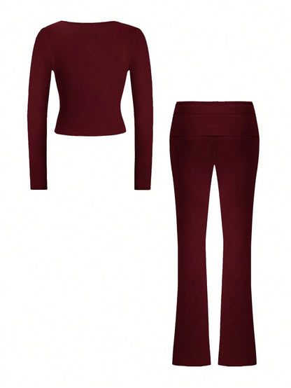NOIRLYN Women's Autumn/Winter Y2K Casual 2 Pieces Set Sexy Solid Color V-Neck Long Sleeve T-Shirt + High Waist Slim Fit Flare Pants Elegant