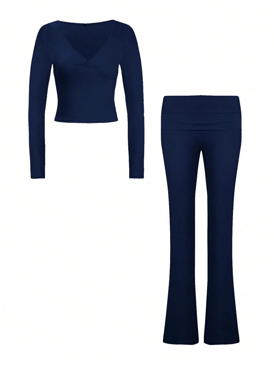 NOIRLYN Women's Autumn/Winter Y2K Casual 2 Pieces Set Sexy Solid Color V-Neck Long Sleeve T-Shirt + High Waist Slim Fit Flare Pants Elegant