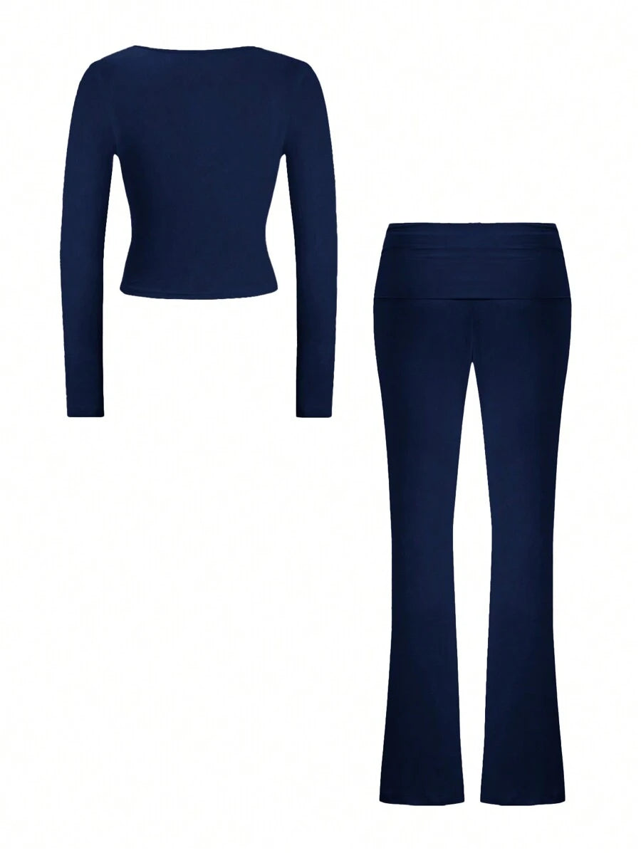 NOIRLYN Women's Autumn/Winter Y2K Casual 2 Pieces Set Sexy Solid Color V-Neck Long Sleeve T-Shirt + High Waist Slim Fit Flare Pants Elegant