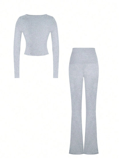 NOIRLYN Women's Autumn/Winter Y2K Casual 2 Pieces Set Sexy Solid Color V-Neck Long Sleeve T-Shirt + High Waist Slim Fit Flare Pants Elegant