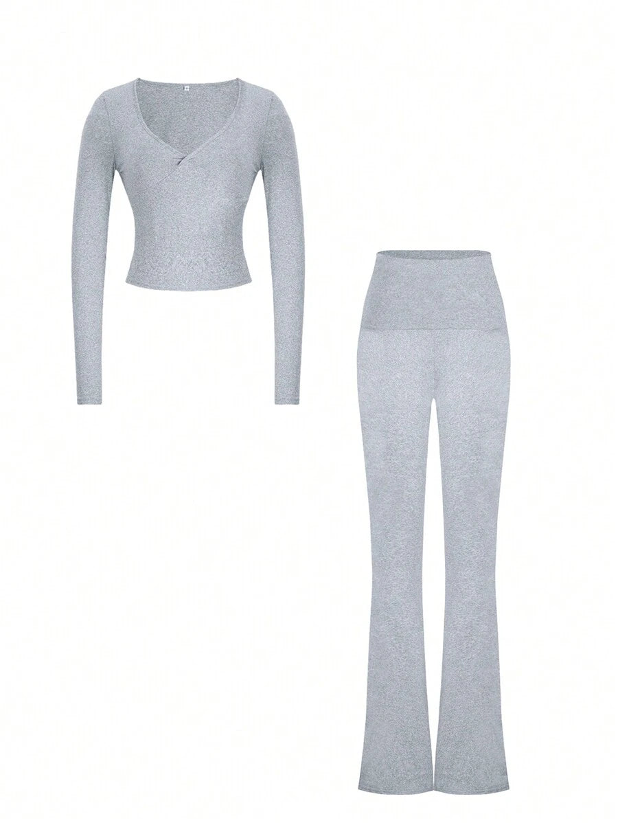 NOIRLYN Women's Autumn/Winter Y2K Casual 2 Pieces Set Sexy Solid Color V-Neck Long Sleeve T-Shirt + High Waist Slim Fit Flare Pants Elegant