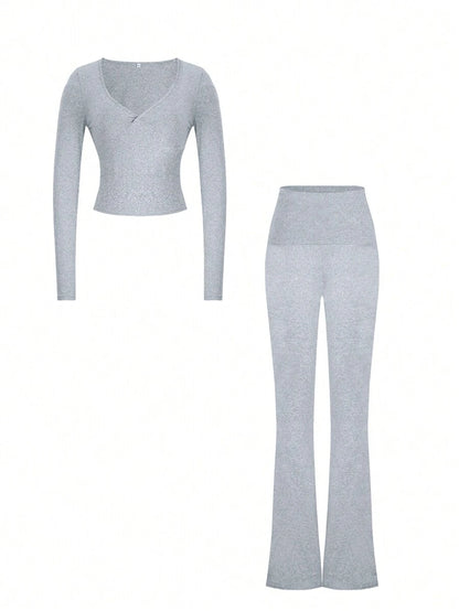 NOIRLYN Women's Autumn/Winter Y2K Casual 2 Pieces Set Sexy Solid Color V-Neck Long Sleeve T-Shirt + High Waist Slim Fit Flare Pants Elegant