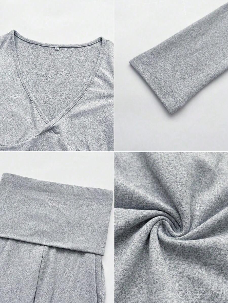 NOIRLYN Women's Autumn/Winter Y2K Casual 2 Pieces Set Sexy Solid Color V-Neck Long Sleeve T-Shirt + High Waist Slim Fit Flare Pants Elegant
