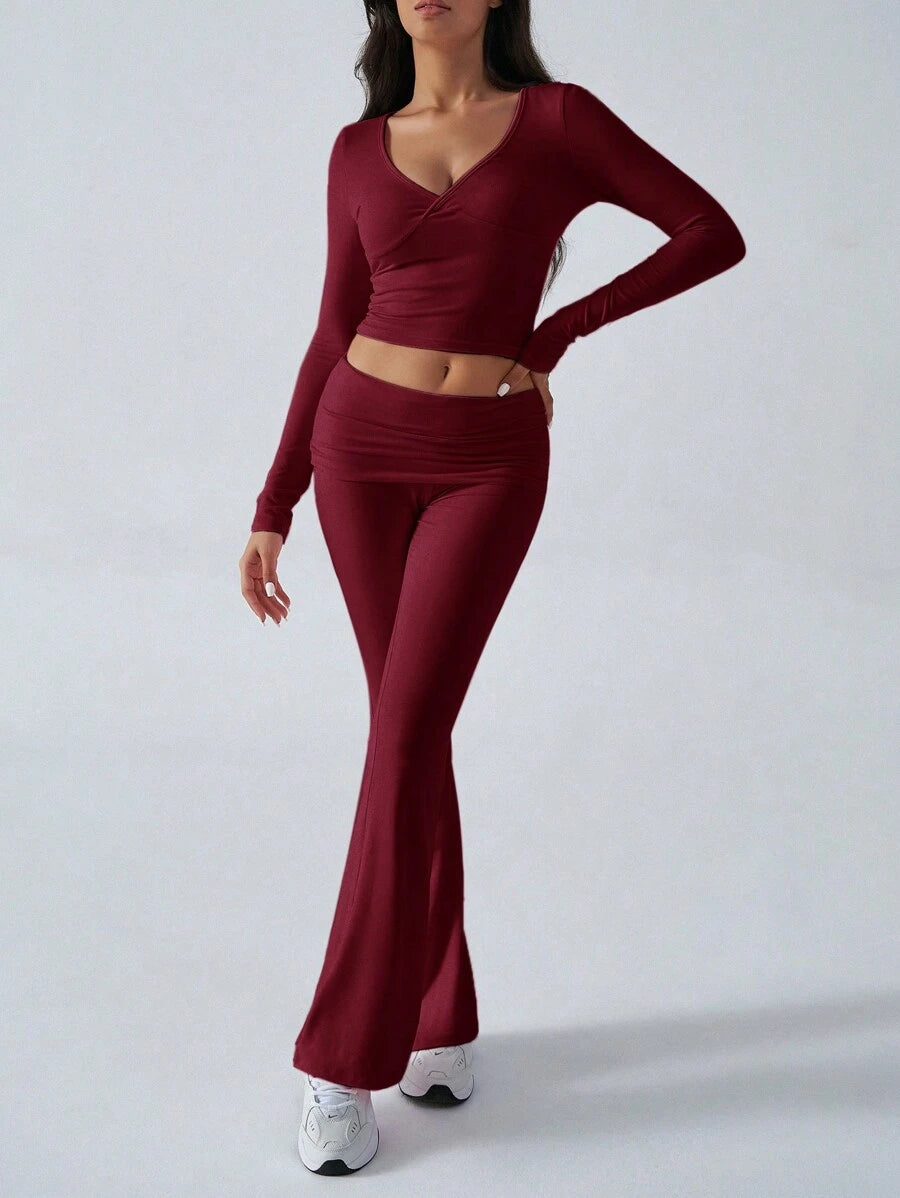 NOIRLYN Women's Autumn/Winter Y2K Casual 2 Pieces Set Sexy Solid Color V-Neck Long Sleeve T-Shirt + High Waist Slim Fit Flare Pants Elegant
