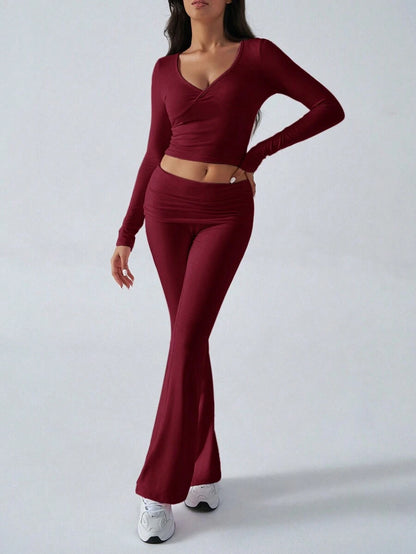 NOIRLYN Women's Autumn/Winter Y2K Casual 2 Pieces Set Sexy Solid Color V-Neck Long Sleeve T-Shirt + High Waist Slim Fit Flare Pants Elegant