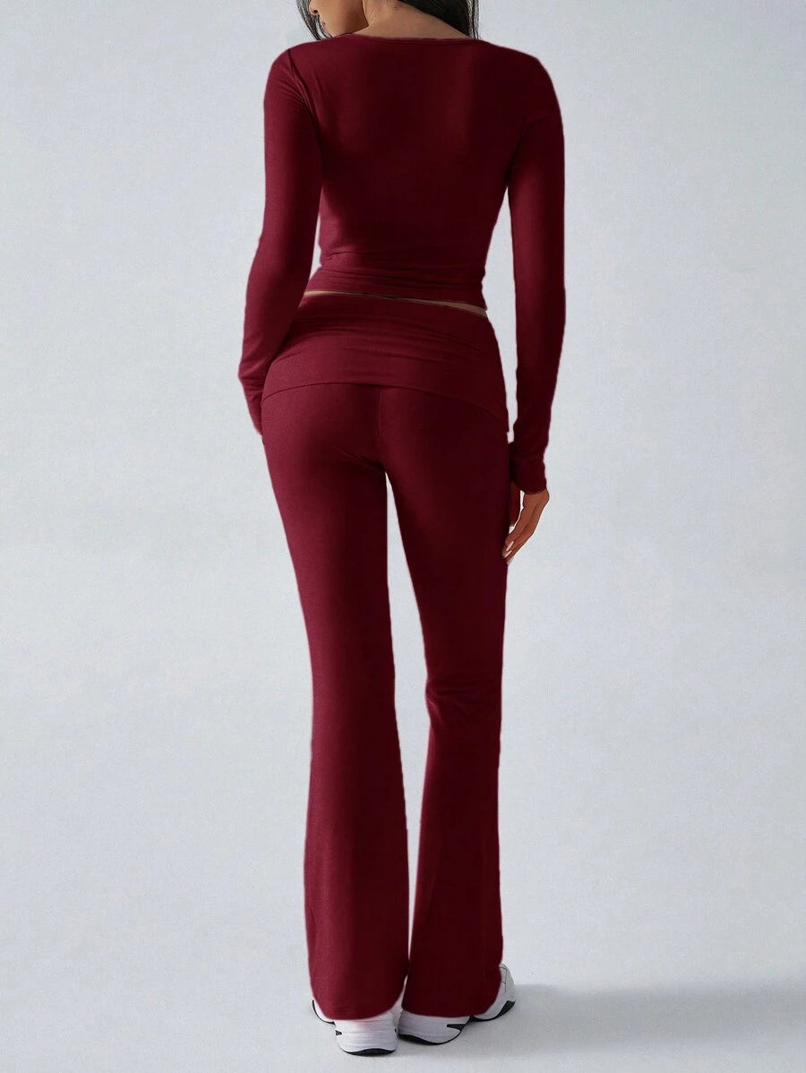NOIRLYN Women's Autumn/Winter Y2K Casual 2 Pieces Set Sexy Solid Color V-Neck Long Sleeve T-Shirt + High Waist Slim Fit Flare Pants Elegant