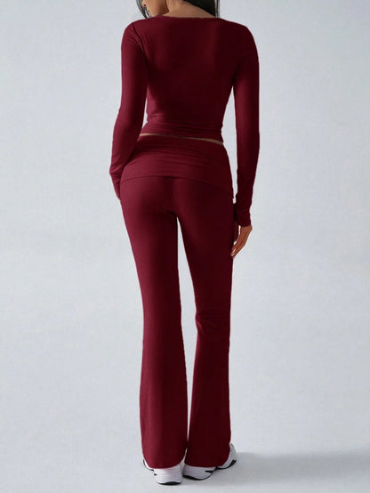 NOIRLYN Women's Autumn/Winter Y2K Casual 2 Pieces Set Sexy Solid Color V-Neck Long Sleeve T-Shirt + High Waist Slim Fit Flare Pants Elegant