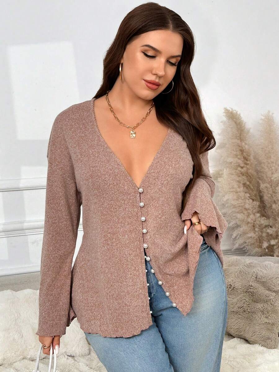SHEIN Frenchy Plus Size Faux Pearl Button Deep V-Neck Long-Sleeved Knitted Coat, Spring Casual Mother's Day, Fall/Winter