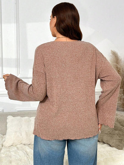 SHEIN Frenchy Plus Size Faux Pearl Button Deep V-Neck Long-Sleeved Knitted Coat, Spring Casual Mother's Day, Fall/Winter