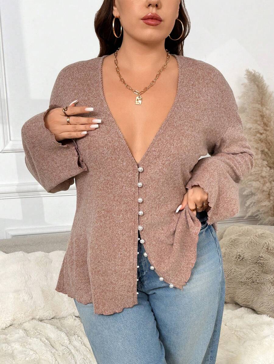 SHEIN Frenchy Plus Size Faux Pearl Button Deep V-Neck Long-Sleeved Knitted Coat, Spring Casual Mother's Day, Fall/Winter