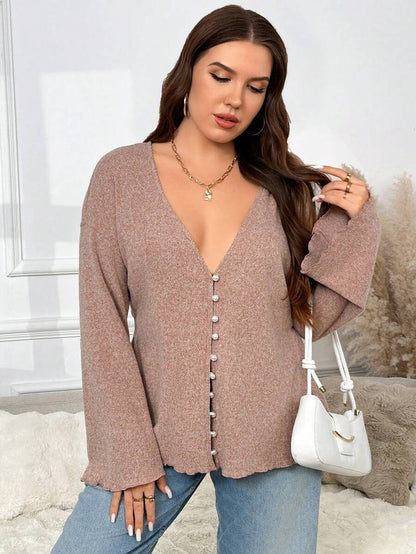 SHEIN Frenchy Plus Size Faux Pearl Button Deep V-Neck Long-Sleeved Knitted Coat, Spring Casual Mother's Day, Fall/Winter