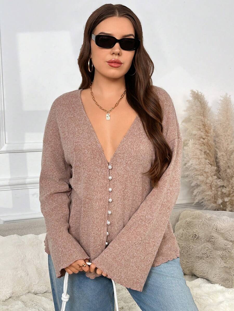 SHEIN Frenchy Plus Size Faux Pearl Button Deep V-Neck Long-Sleeved Knitted Coat, Spring Casual Mother's Day, Fall/Winter