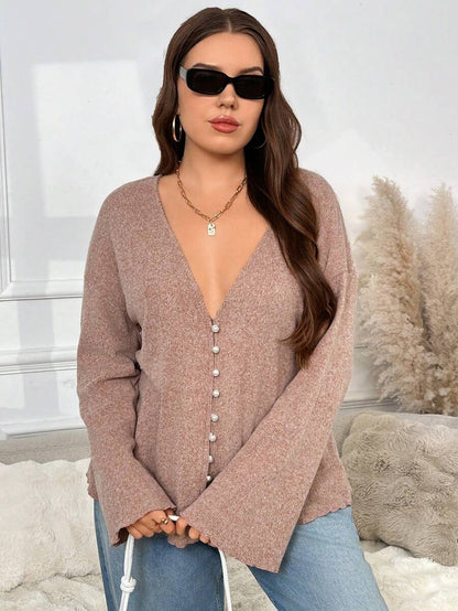 SHEIN Frenchy Plus Size Faux Pearl Button Deep V-Neck Long-Sleeved Knitted Coat, Spring Casual Mother's Day, Fall/Winter