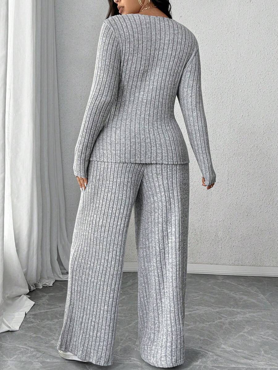 Calvaya Plus Size Soft Knit Fleece Ribbed Fabric Wrap Long Sleeve T-Shirt + Soft Fleece Ribbed Wide Leg Pants Casual Home 2 Pieces Set Fall Cloth For Women
