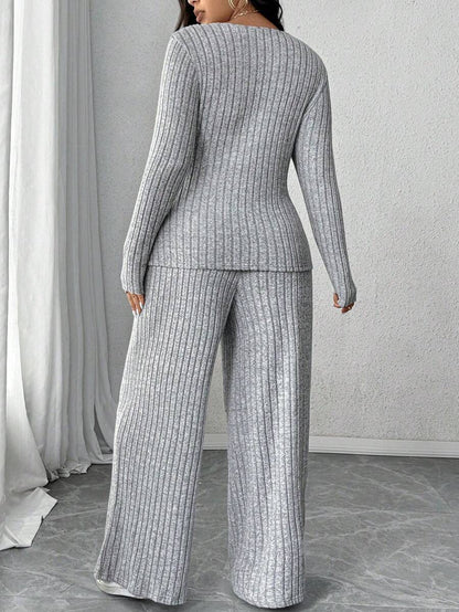 Calvaya Plus Size Soft Knit Fleece Ribbed Fabric Wrap Long Sleeve T-Shirt + Soft Fleece Ribbed Wide Leg Pants Casual Home 2 Pieces Set Fall Cloth For Women
