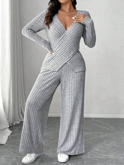 Calvaya Plus Size Soft Knit Fleece Ribbed Fabric Wrap Long Sleeve T-Shirt + Soft Fleece Ribbed Wide Leg Pants Casual Home 2 Pieces Set Fall Cloth For Women