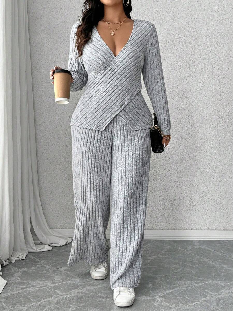 Calvaya Plus Size Soft Knit Fleece Ribbed Fabric Wrap Long Sleeve T-Shirt + Soft Fleece Ribbed Wide Leg Pants Casual Home 2 Pieces Set Fall Cloth For Women